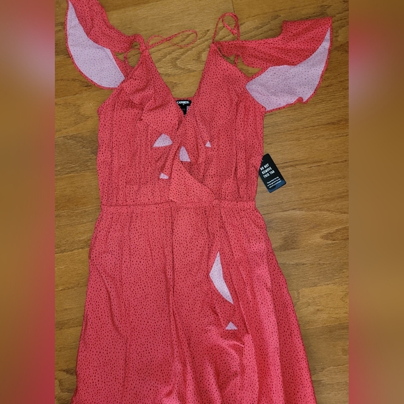 Express Coral Polka Dot Print VNeck Flutter Sleeve Ruffle Maxi Dress, Size M - Picture 6 of 10